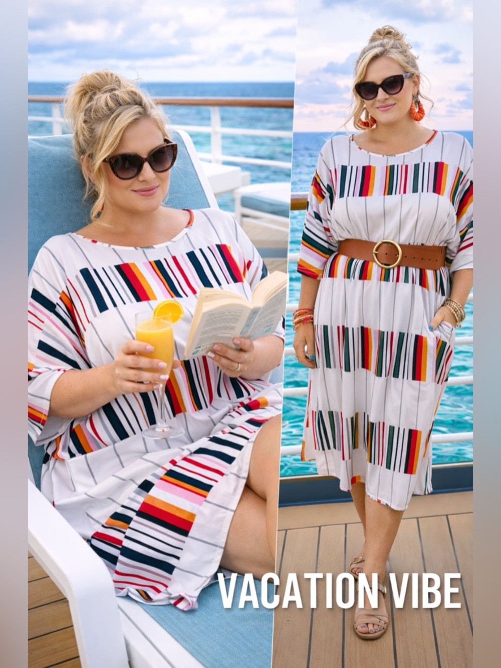 Resort Cruise Dress 2X Striped Vacation Caftan Poolside Cover Up Beach Midi Plus